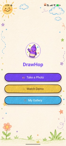 The DrawHop home screen: Take a Photo, Watch Demo and My Gallery buttons.