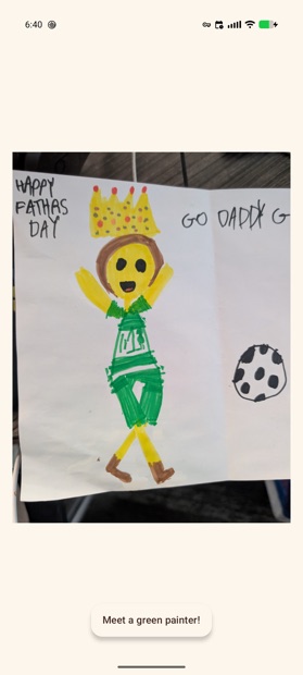A child's drawing of a figure in a crown, animated, with the caption "Meet a green painter!"